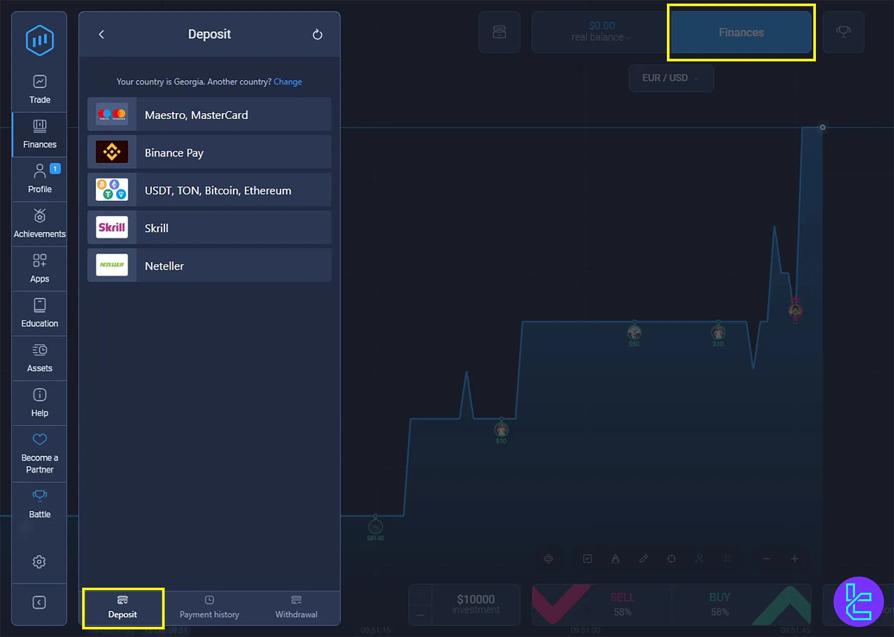 Deposit section for Expert Option BTC funding