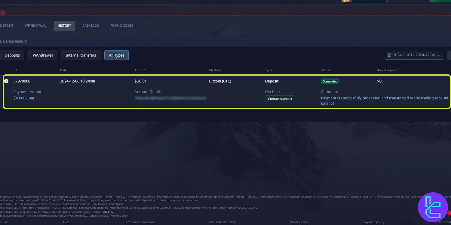 Pocket Option Bitcoin deposit in the “History” section