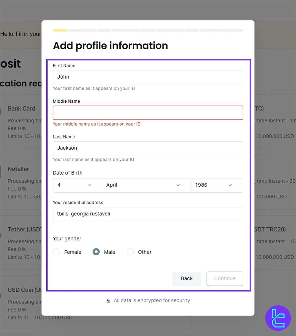 Filling in the profile section after Exness Signup