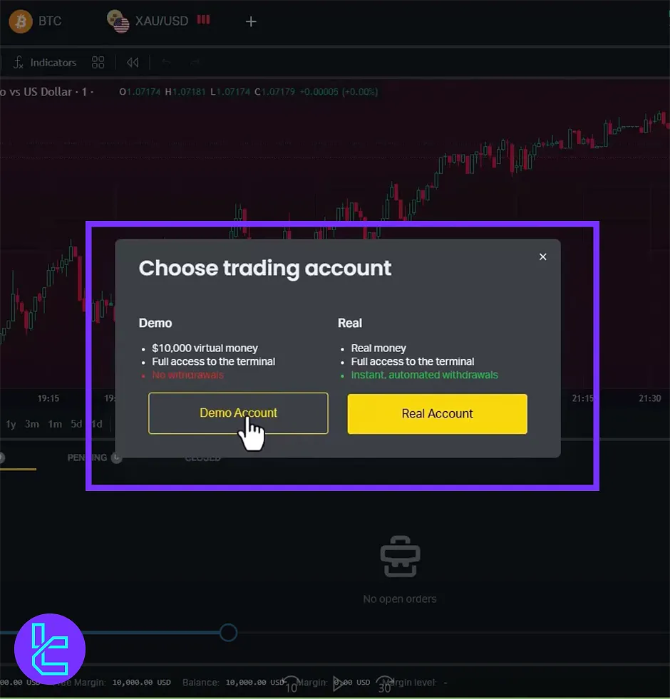 Choosing between demo or real accounts after Exness registration