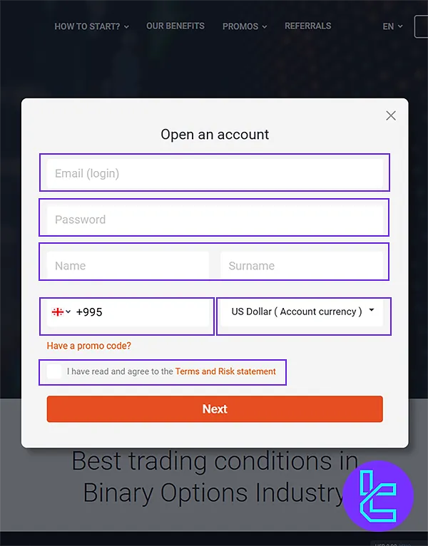 Tradonex signup Form