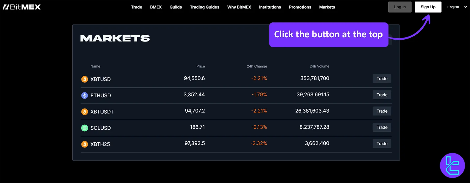 BitMEX Sign Up button