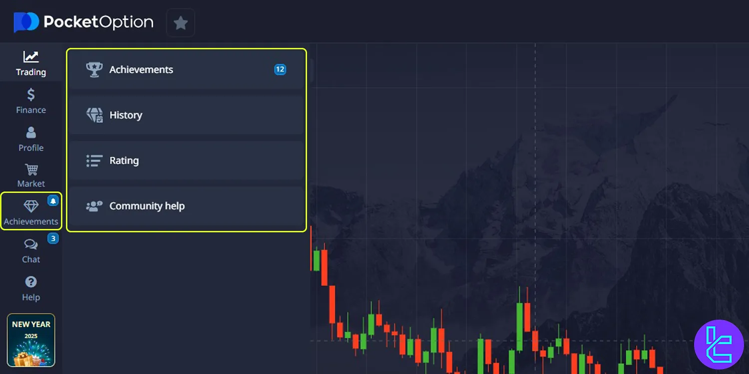 Pocket Option client cabinet achievement tab