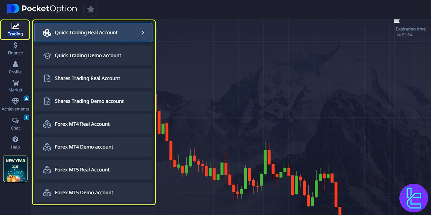 Pocket Option client cabinet Trading section