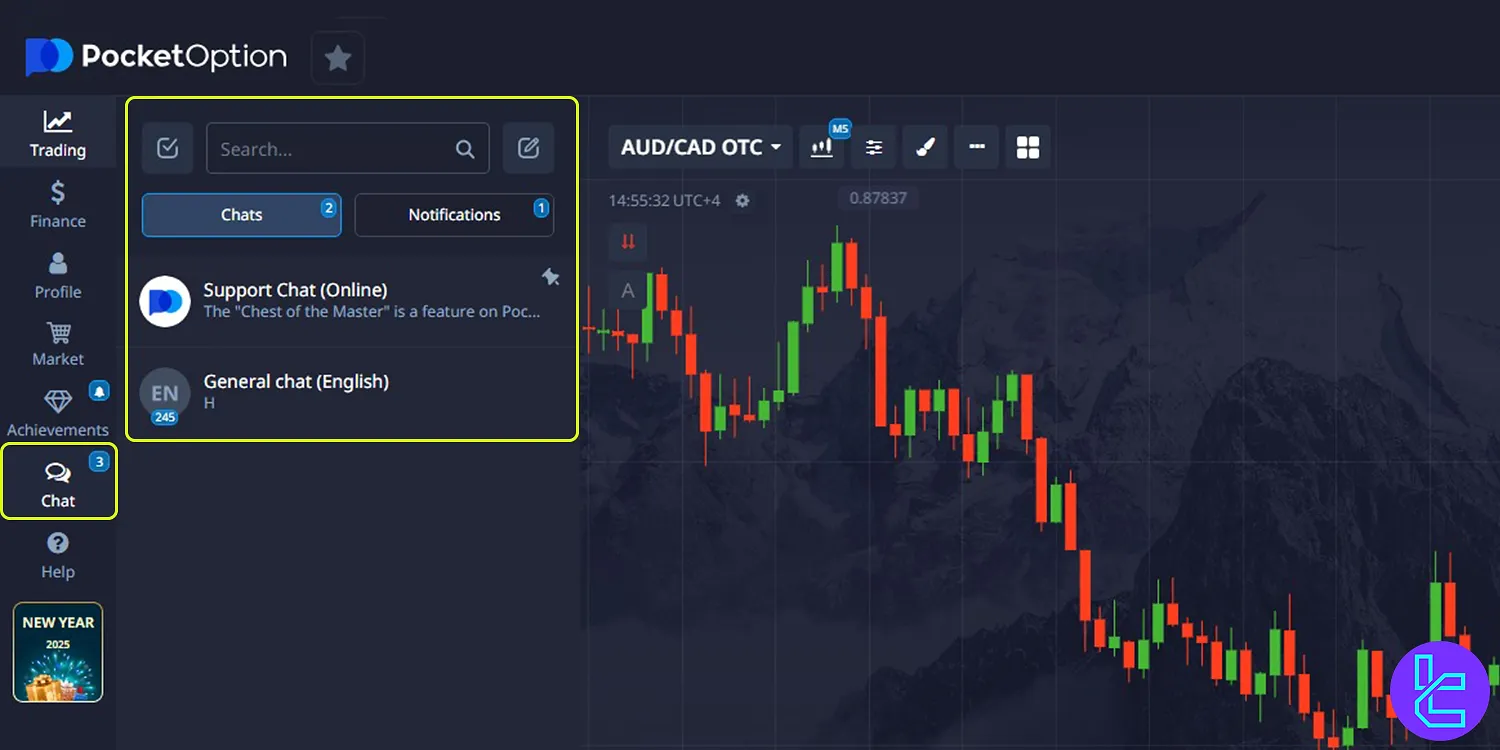 Pocket Option dashboard chat section