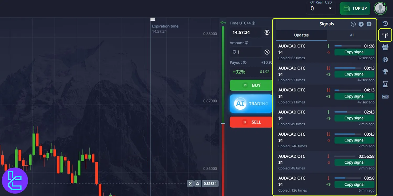 Pocket Option dashboard signals tab