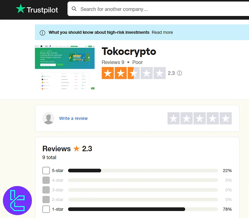 Tokocrypto Trustpilot score