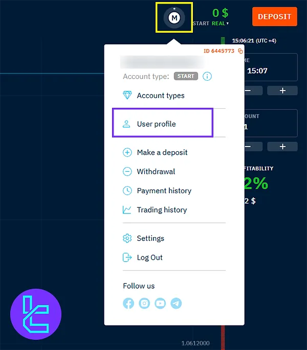 User profile section for verifying the Binarium account