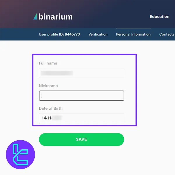 Inserting a nickname and date of birth for Binarium KYC