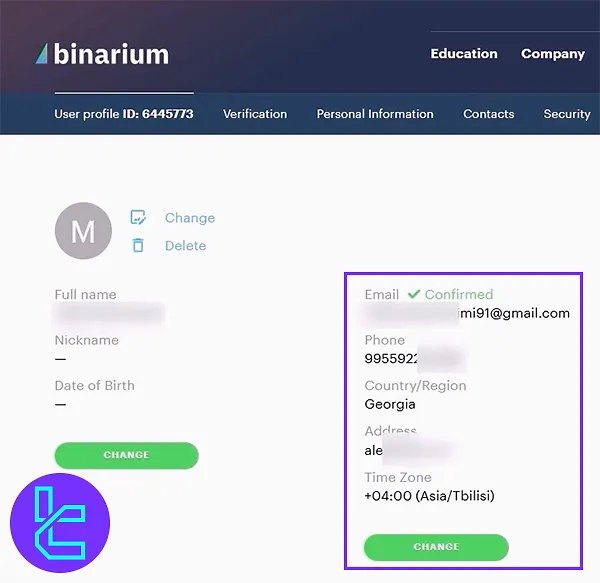 Changing the personal details when verifying Binarium