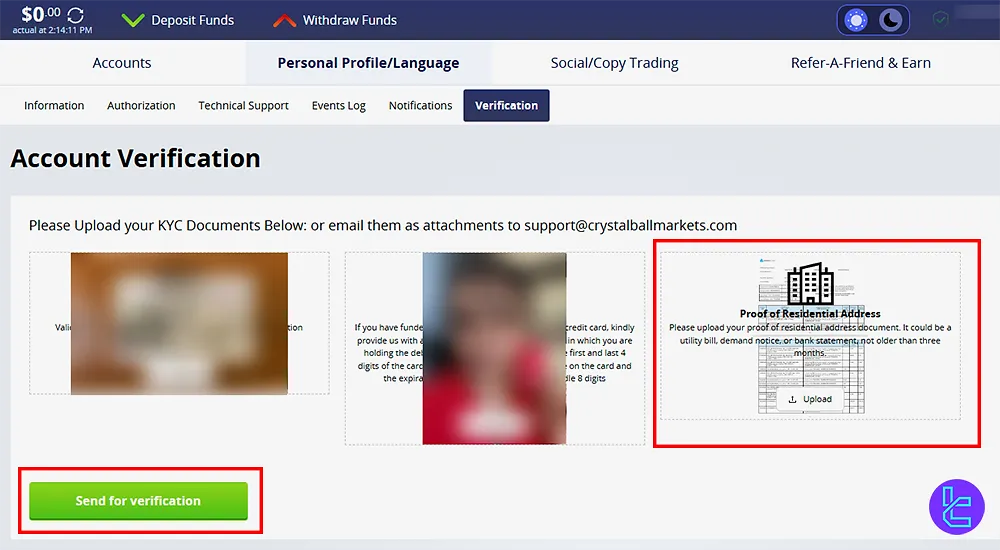 Uploading proof of address for CrystalBall Markets account verification