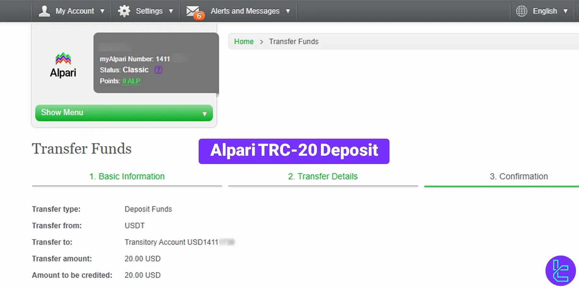 Alpari TRC 20 deposit