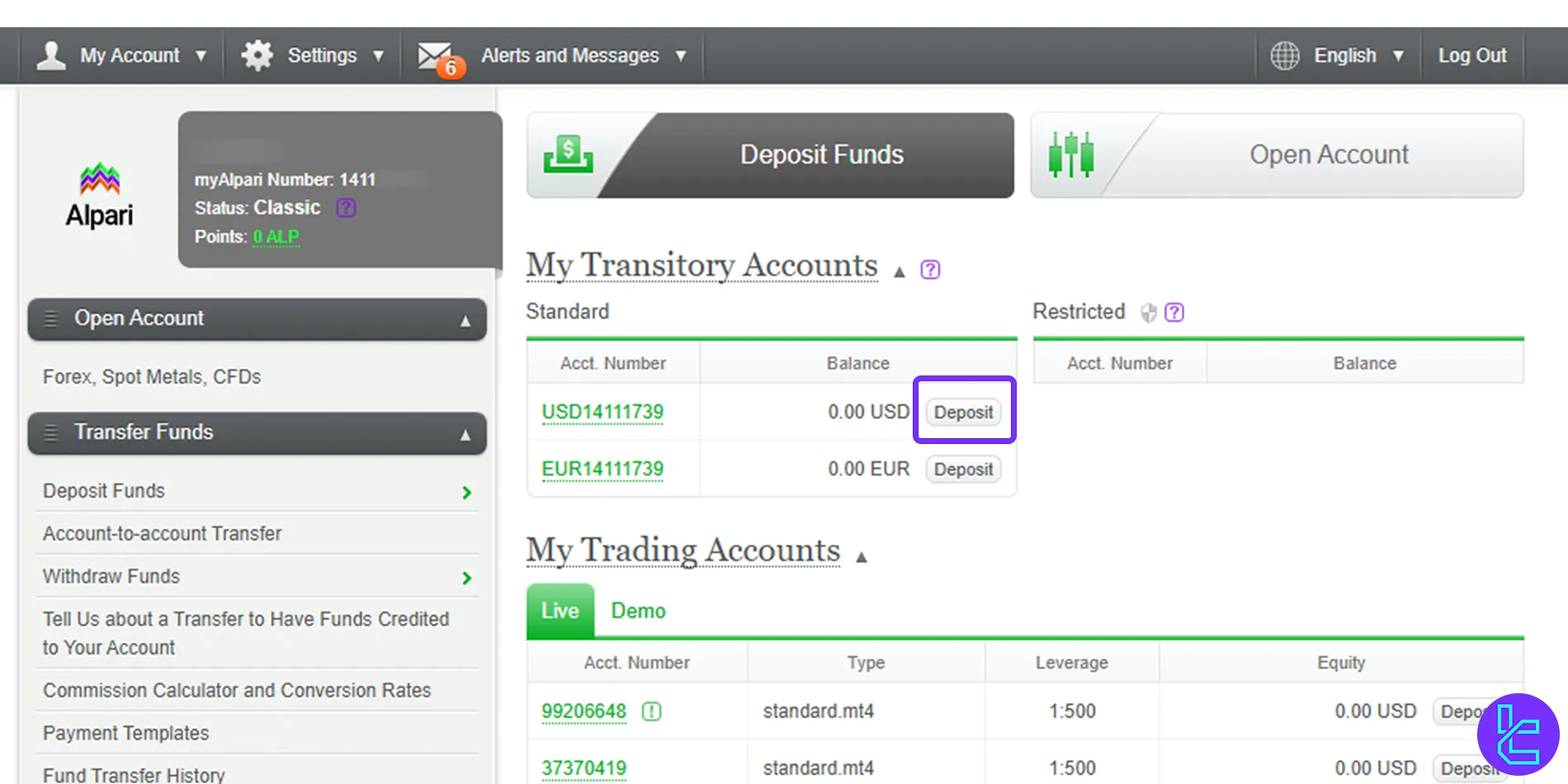 Alpari dashboard and TRC20 deposit section