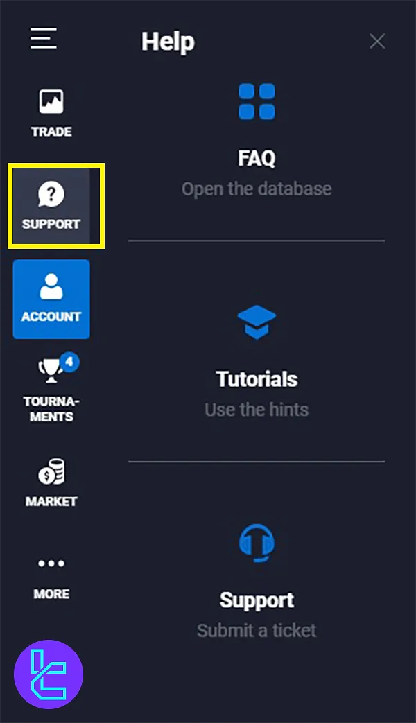 Accessing support, FAQs, and tutorials on the Quotex platform