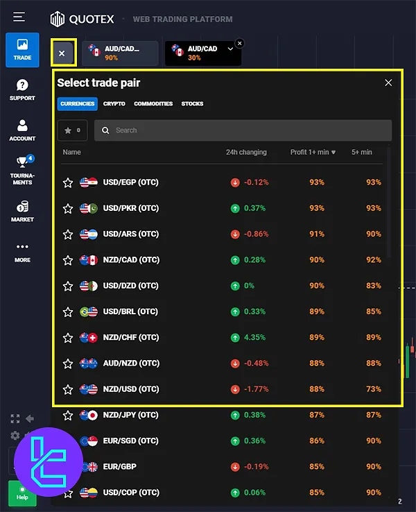 Adding currencies, cryptocurrencies, commodities, and stocks on the Quotex trading platform