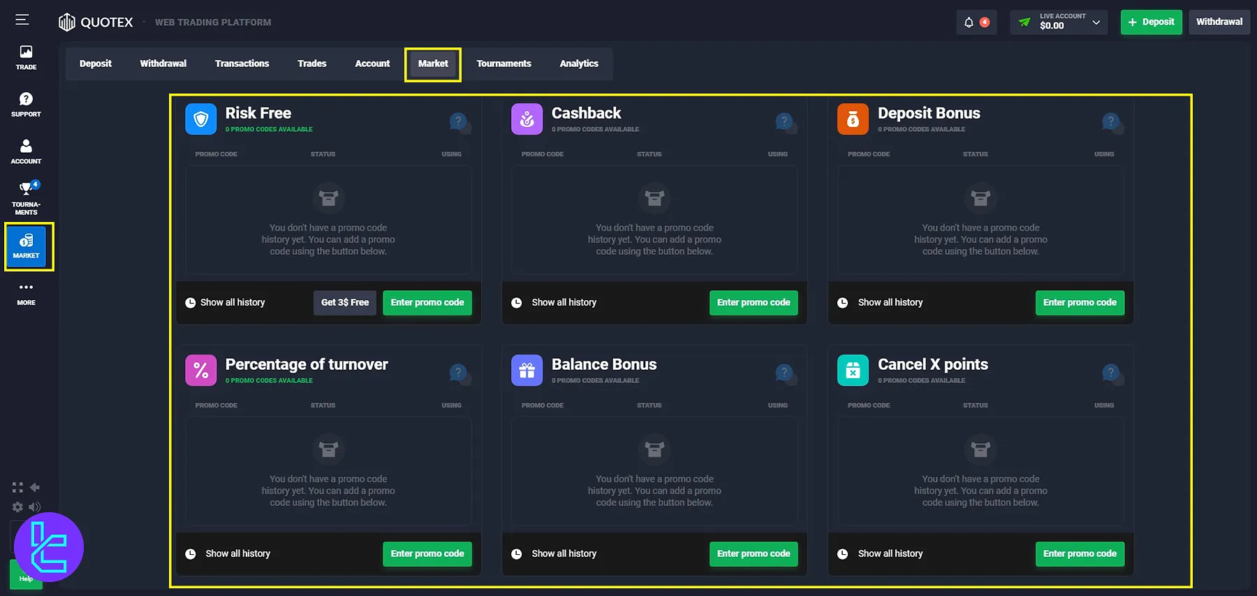 Using promo and bonus codes on the Quotex Dashboard market section