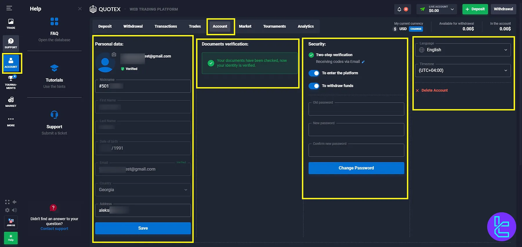 Managing personal data, security, and verification on the Quotex interface account section