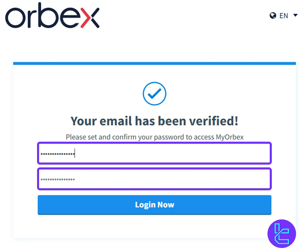 Set a password to finalize Orbex sign-up