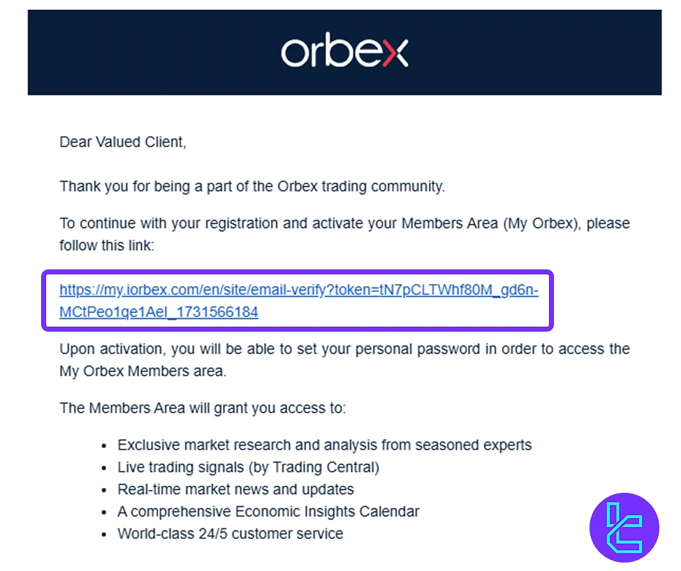 Orbex account sign-up email verification link