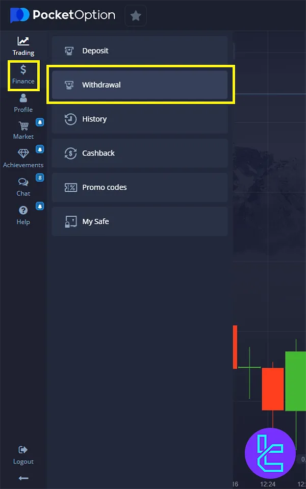 Accessing the Finance section for Tether ERC20 Withdrawal in Pocket Option