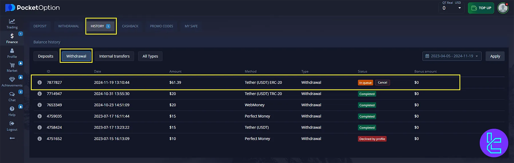 Withdrawal status updating for Pocket Option Tether ERC20 request