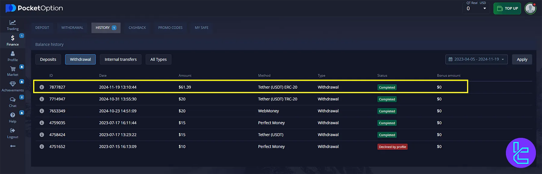 “Completed” status for Tether ERC20 Withdrawal in the History tab in Pocket Option
