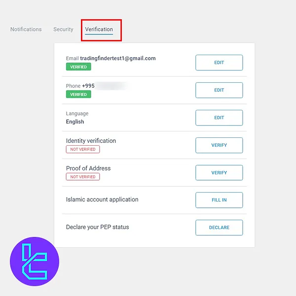 Verification section in LiteFinance