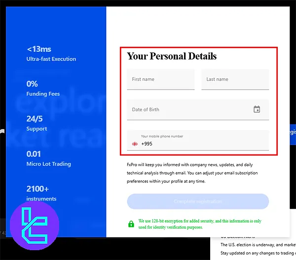 Personal details required for FXPro Registration