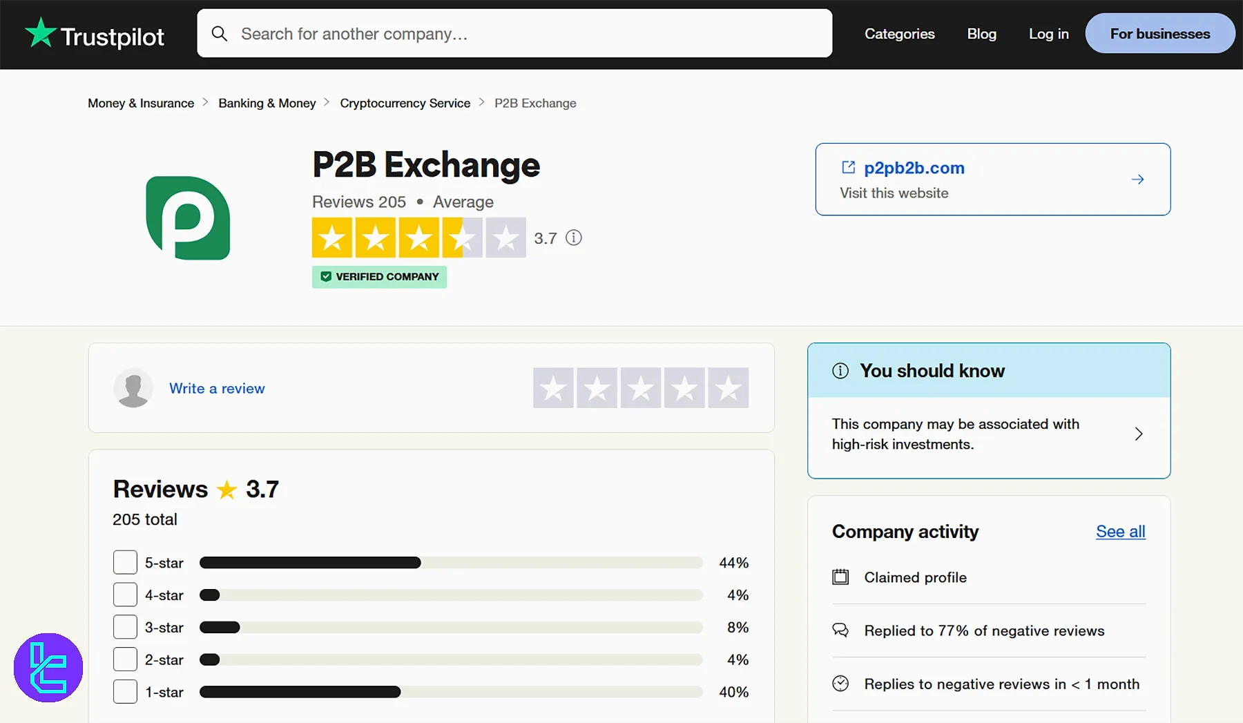 P2B Trust score on Trustpilot