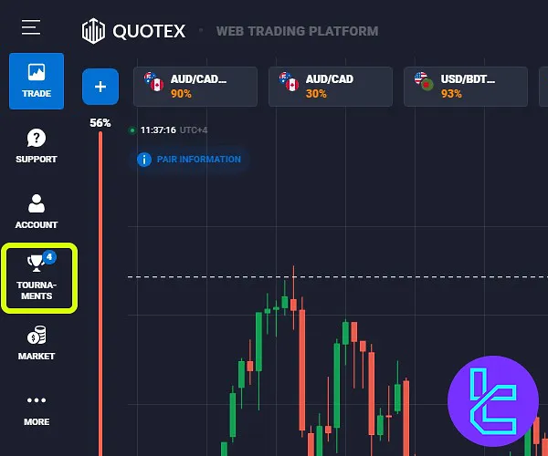 Quotex tournaments section in the dashboard