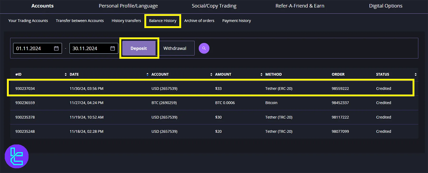 CrystalBallMarkets Tether ERC-20 deposit history