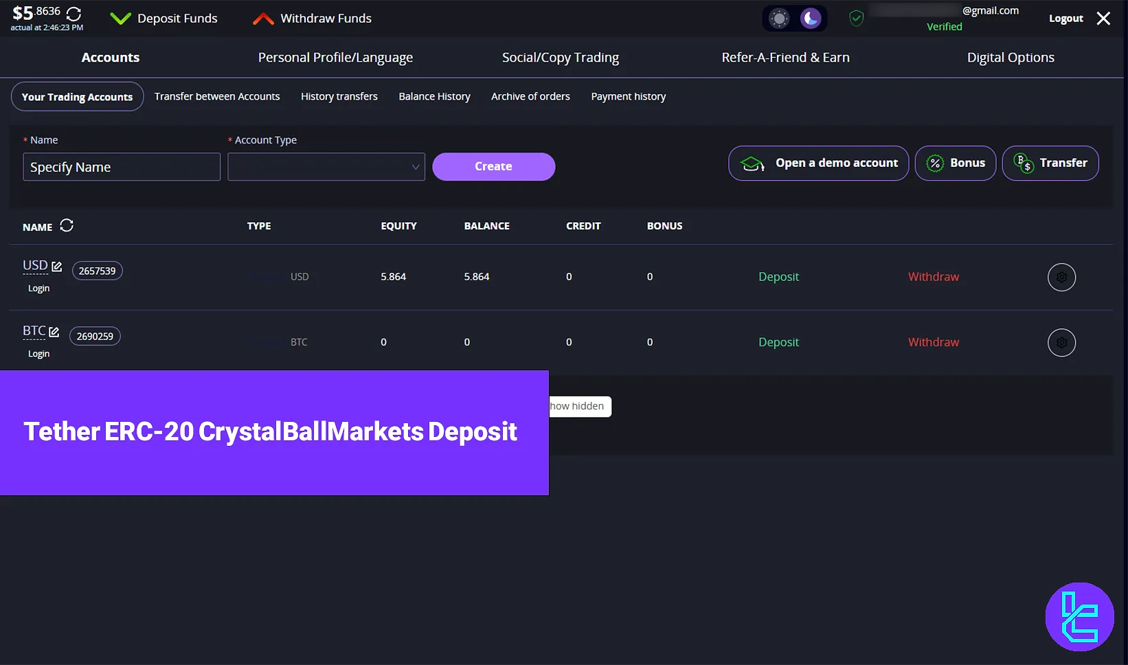 Tether ERC-20 CrystalBallMarkets Deposit