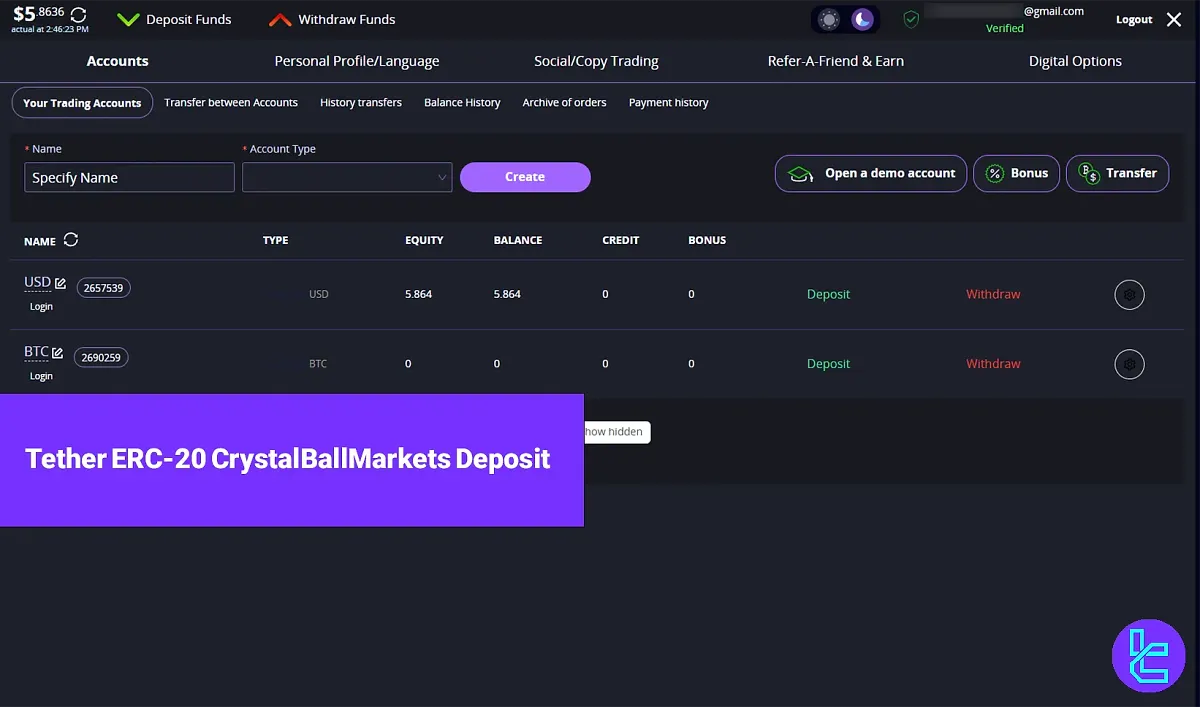 Crystal Ball Markets Tether ERC-20  Deposit - in 3 Steps & No Fees 2025