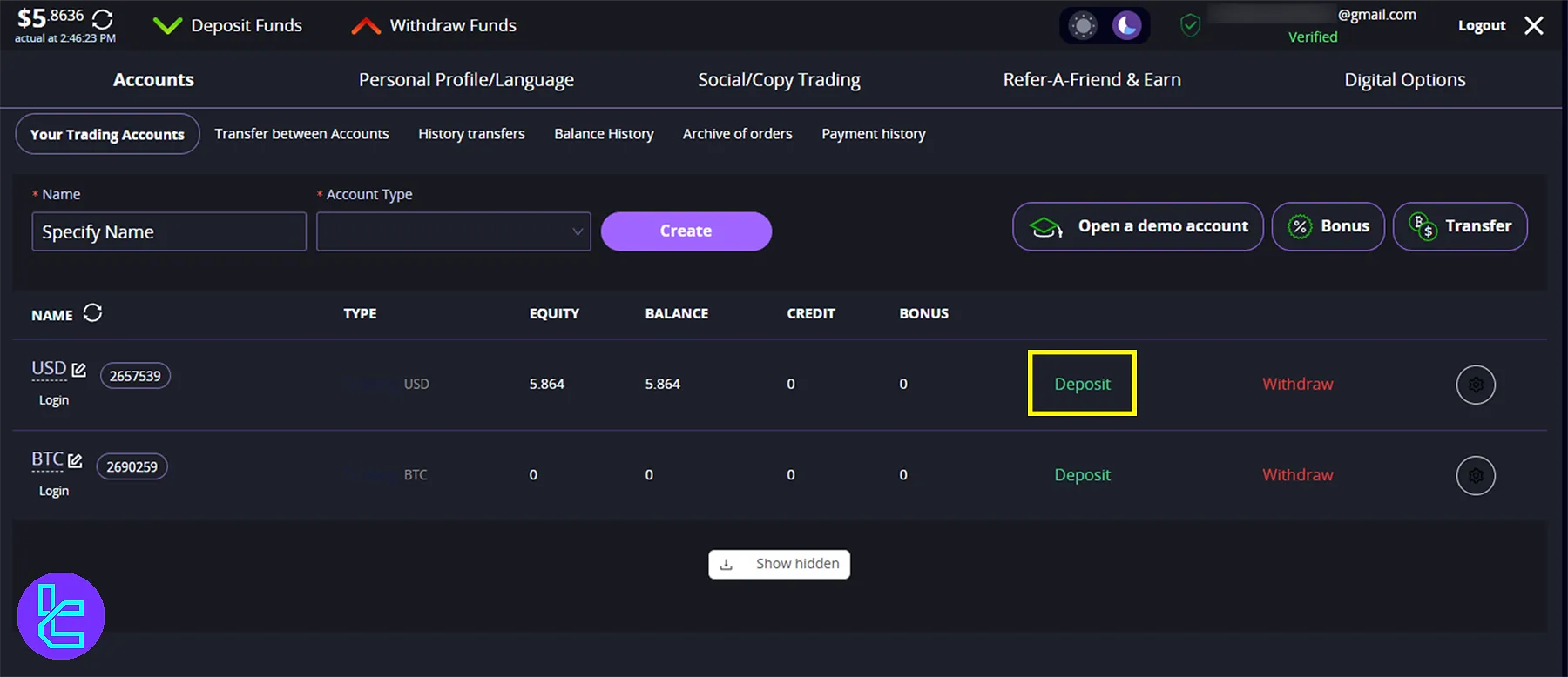 Going to the deposit section to start adding Tether ERC-20 into the CrystalBallMarkets account