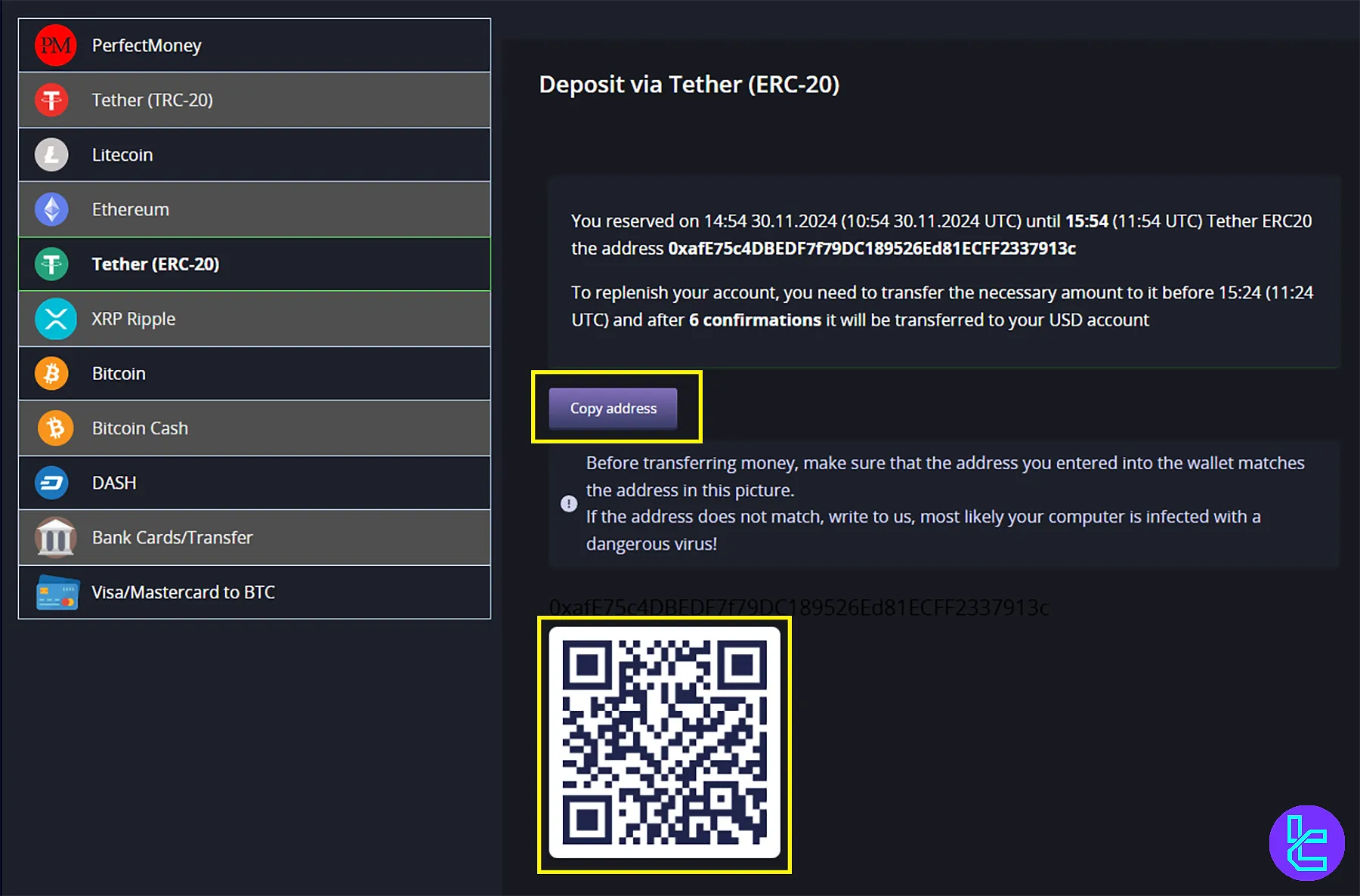 Scanning the QR Code for CrystalBallMarkets Tether ERC-20 deposit