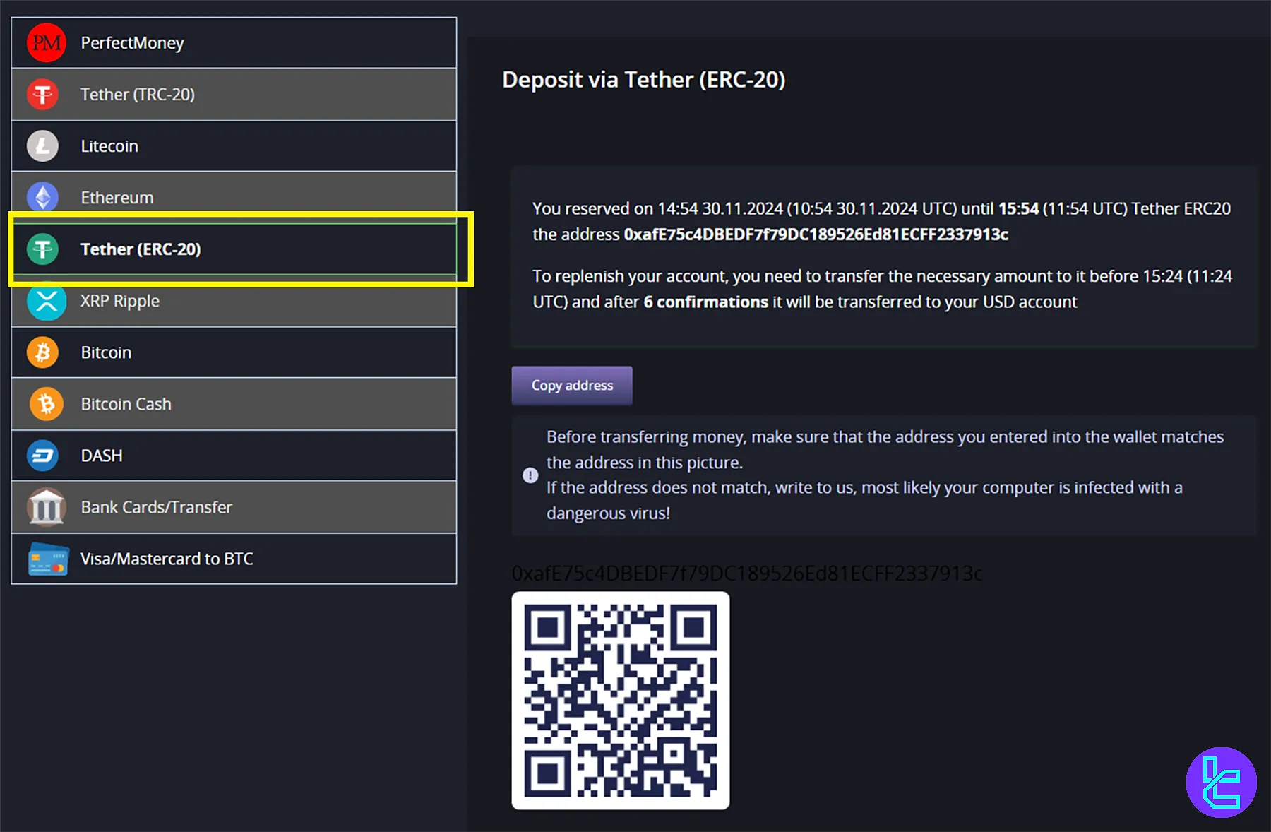 Selecting Tether ERC-20 method to make a deposit on CrystalBallMarkets