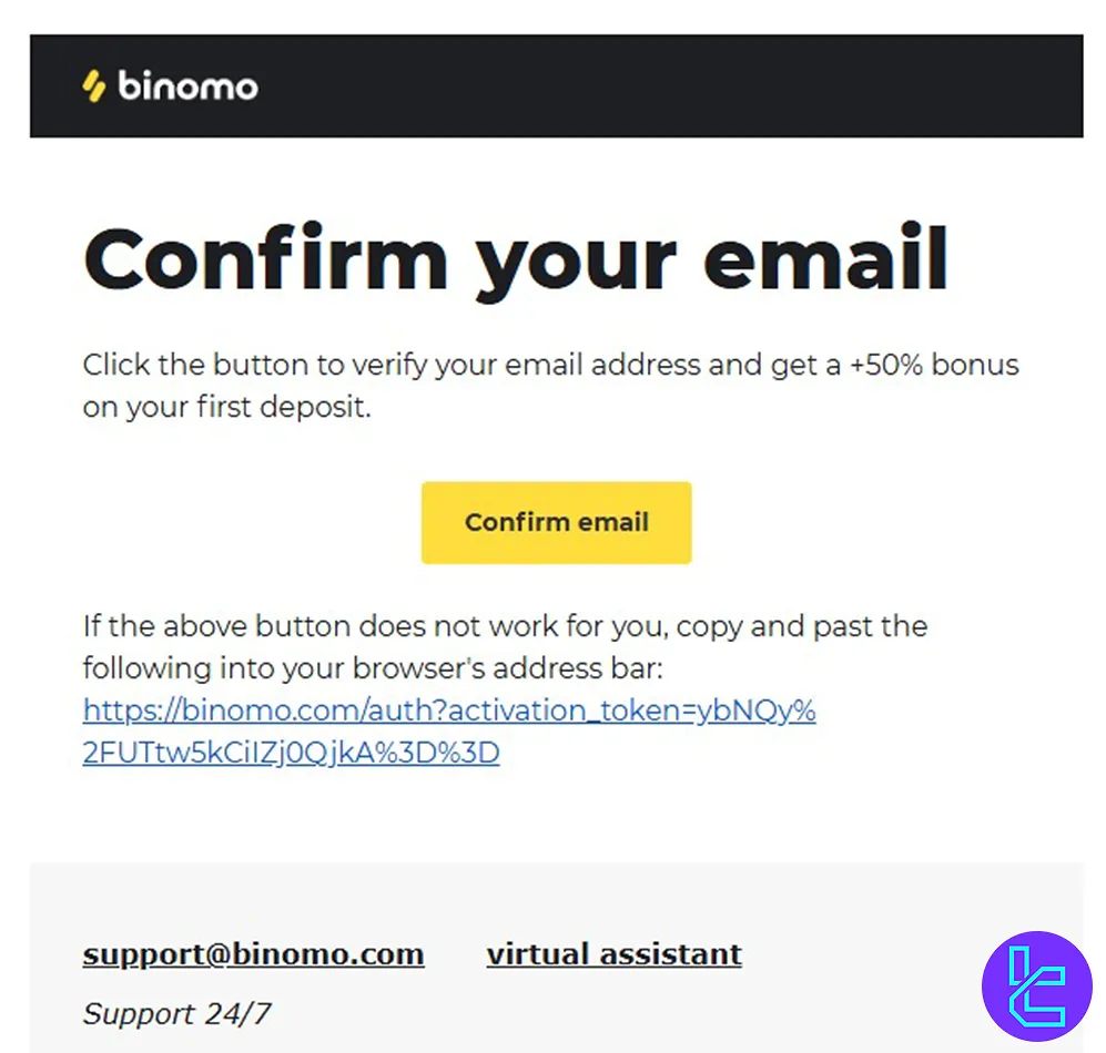 Binomo account sign up email confirmation