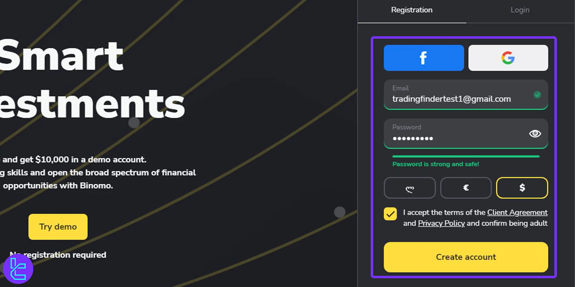 Email and password for Binomo account sign-up