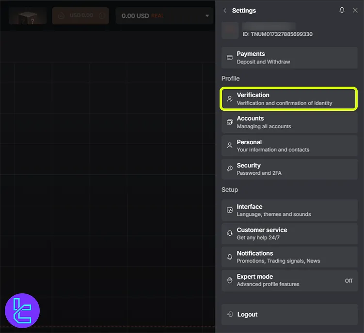 Tradonex settings verification tab