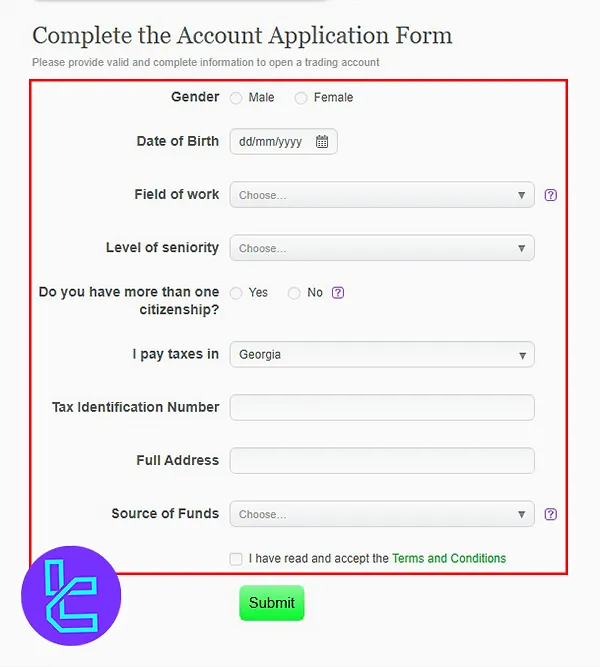 Account Application form for KYC in Alpari