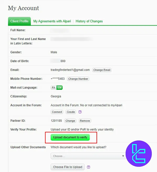 “Upload document to verify” button for KYC in Alpari