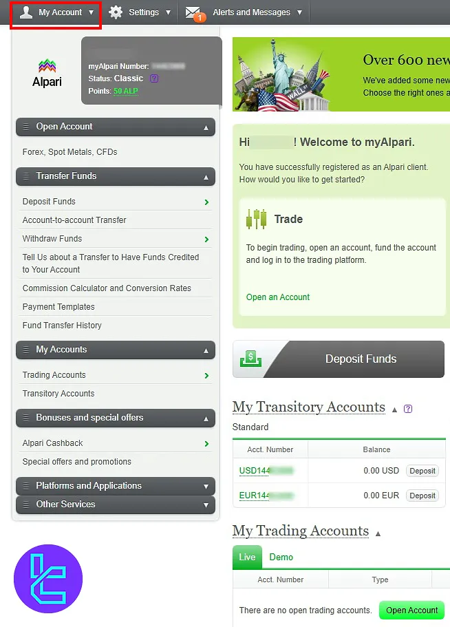 My Account section to start verification in Alpari