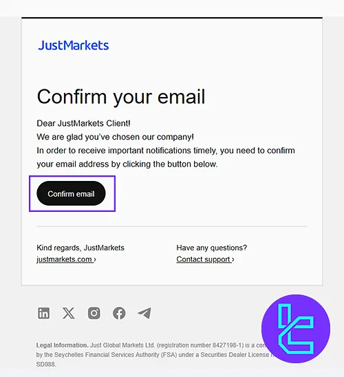 JustMarkets Email confirmation to complete registration