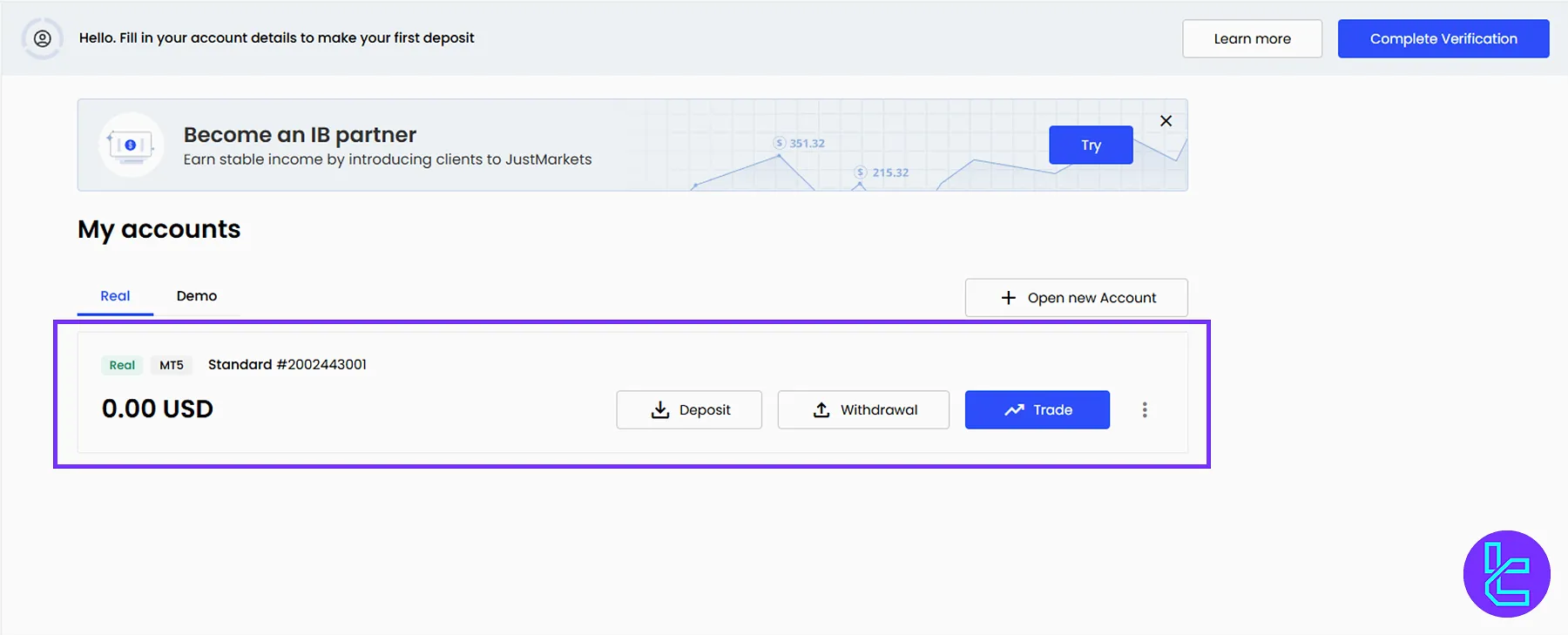 Signing up with JustMarkets completed