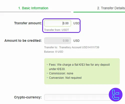 Alpari TRC-20 funding transfer details form