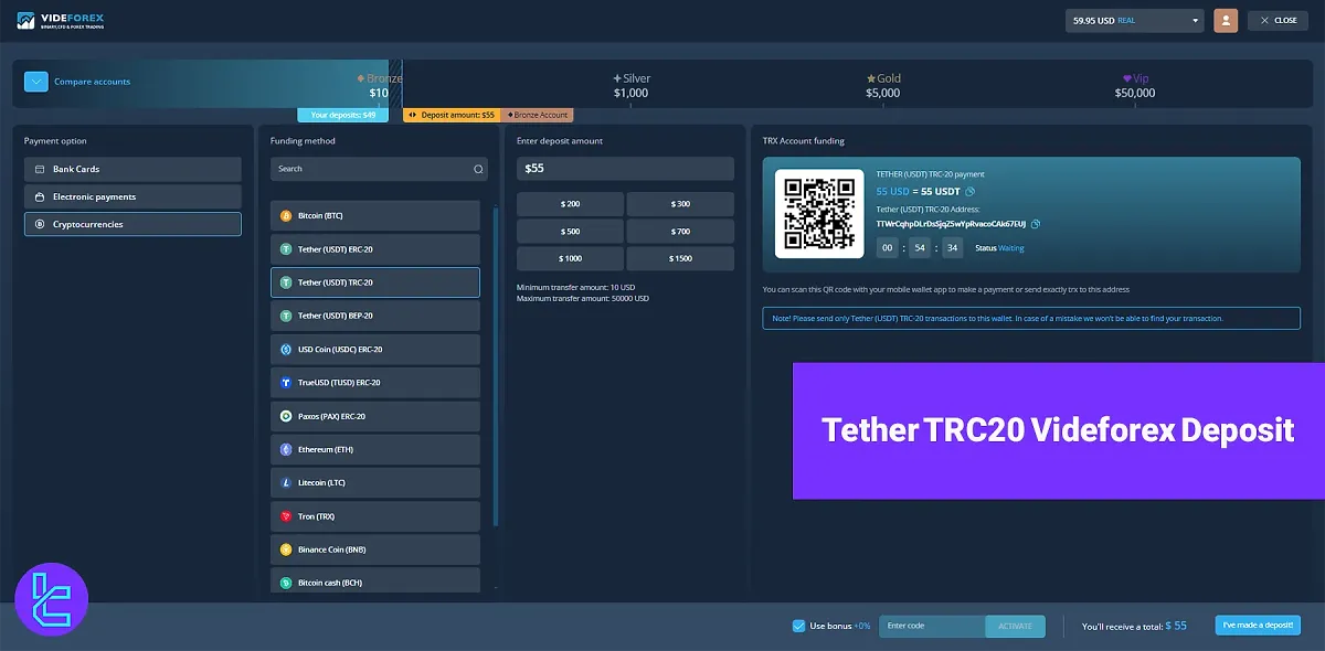 Videforex Tether TRC20 Deposit - Fund using QR Code [in 1 minute] 2025