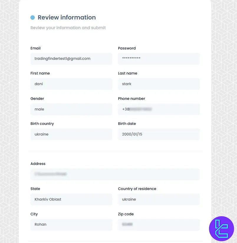 Information review form in FXGlory account set up