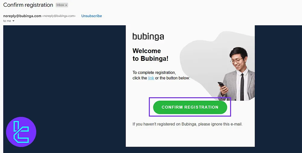 Confirmation email for signing up with Bubinga