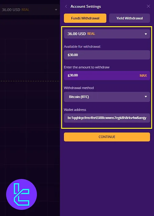 Filling in the required fields for BTC withdrawal in IQcent