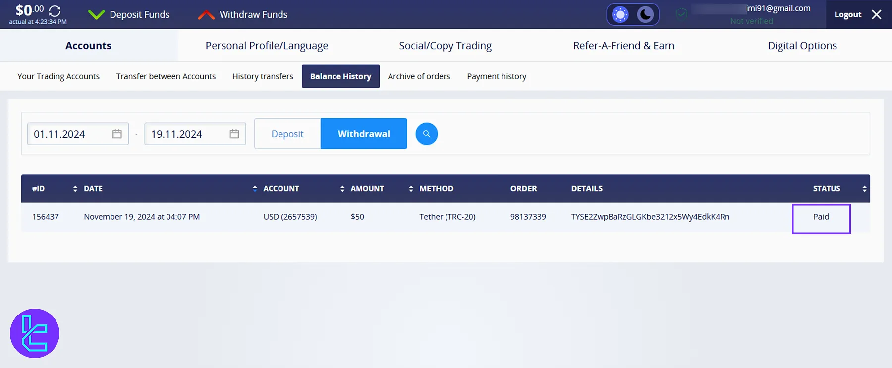 Crystal Ball Markets Tether TRC20 Transfer Complete